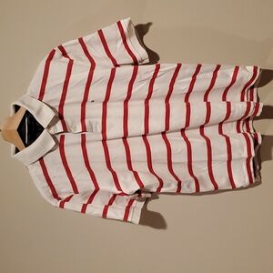 Tommy Hilfiger White and Red Striped Collared Short Sleeve Polo Shirt L